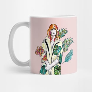 Woman with Red hair in a yellow floral coat - Fashion Illustration. Mug